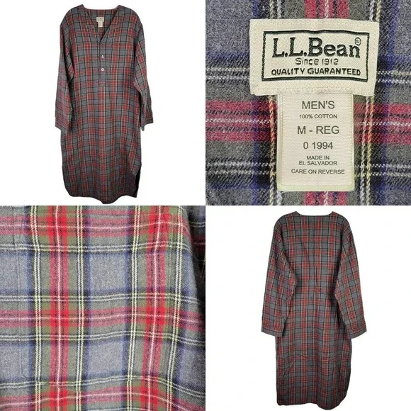 Vintage LL Bean Night Shirt Adult Medium Red Plaid Sleep Gown Flannel Mens PJs - Picture 1 of 10